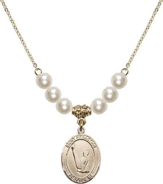 14kt Gold Filled Saint Sebastian/Gymnastics Birthstone Necklace with Faux-Pearl Beads - 8172