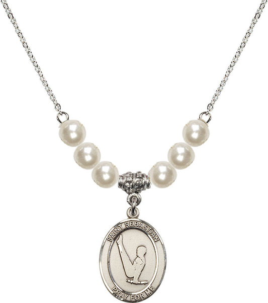 Sterling Silver Saint Sebastian/Gymnastics Birthstone Necklace with Faux-Pearl Beads - 8172