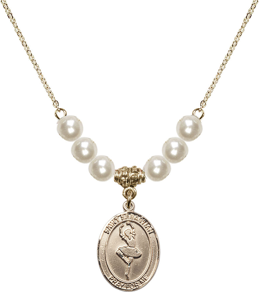 14kt Gold Filled Saint Sebastian/Dance Birthstone Necklace with Faux-Pearl Beads - 8173