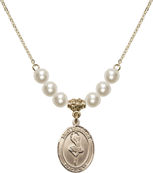 14kt Gold Filled Saint Sebastian/Dance Birthstone Necklace with Faux-Pearl Beads - 8173