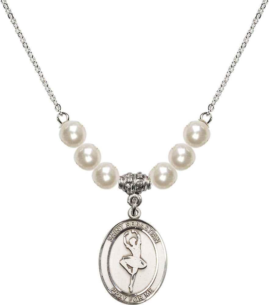 Sterling Silver Saint Sebastian/Dance Birthstone Necklace with Faux-Pearl Beads - 8173