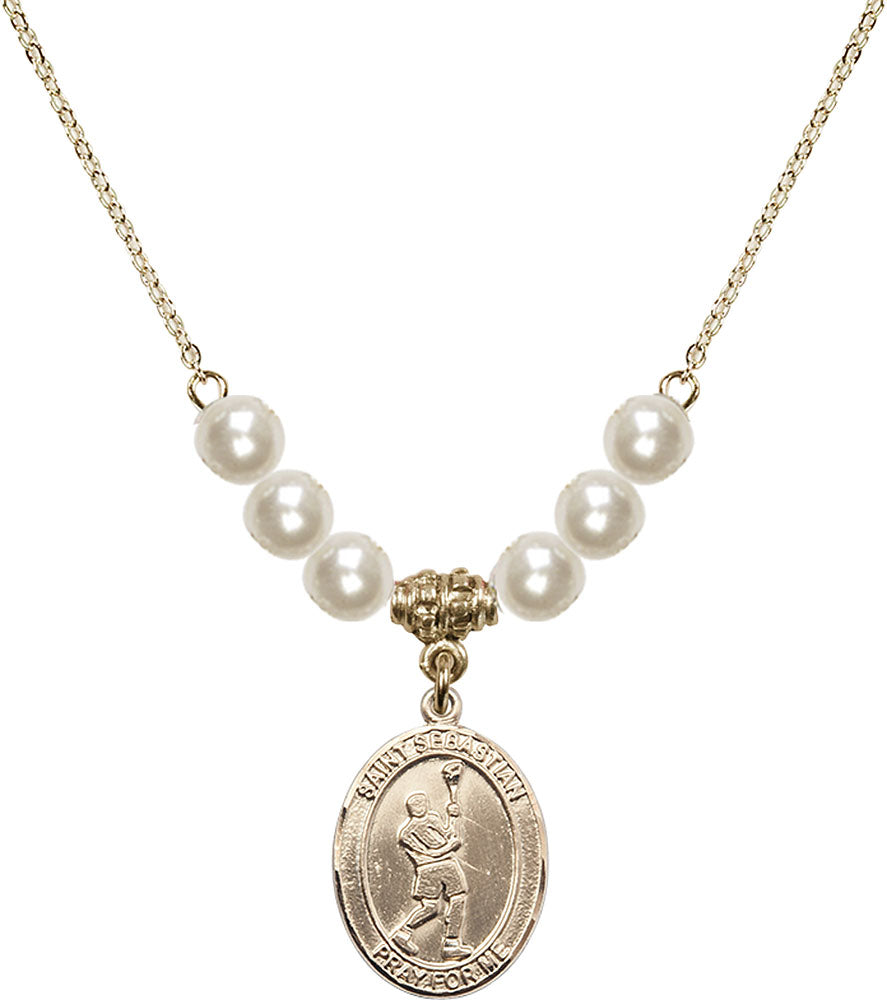 14kt Gold Filled Saint Sebastian/Lacrosse Birthstone Necklace with Faux-Pearl Beads - 8174