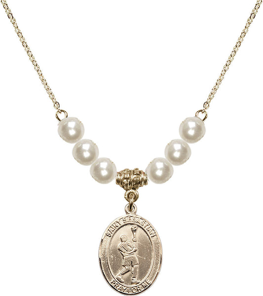 14kt Gold Filled Saint Sebastian/Lacrosse Birthstone Necklace with Faux-Pearl Beads - 8174