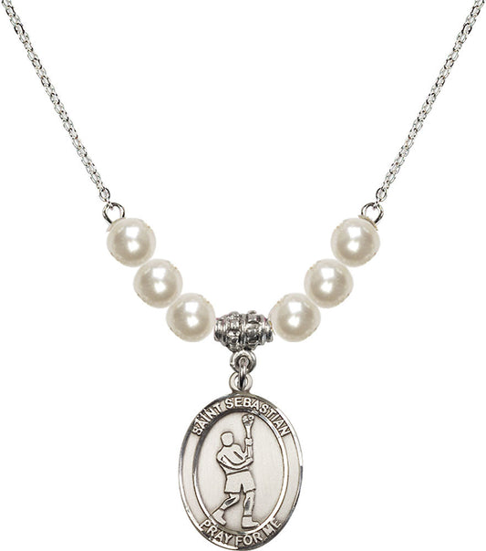 Sterling Silver Saint Sebastian/Lacrosse Birthstone Necklace with Faux-Pearl Beads - 8174