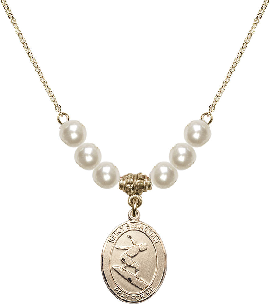 14kt Gold Filled Saint Sebastian/Surfing Birthstone Necklace with Faux-Pearl Beads - 8175