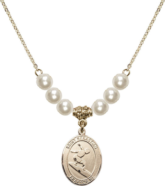 14kt Gold Filled Saint Sebastian/Surfing Birthstone Necklace with Faux-Pearl Beads - 8175