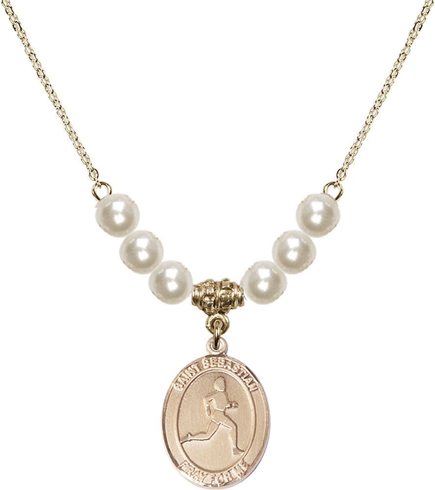 14kt Gold Filled Saint Sebastian/Track & Field Birthstone Necklace with Faux-Pearl Beads - 8176
