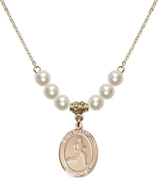 14kt Gold Filled Saint Sebastian/Track & Field Birthstone Necklace with Faux-Pearl Beads - 8176