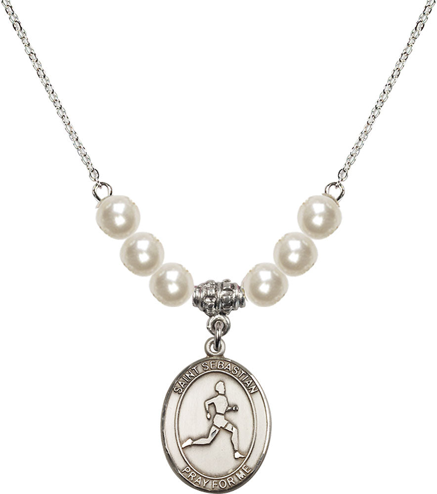 Sterling Silver Saint Sebastian/Track & Field Birthstone Necklace with Faux-Pearl Beads - 8176