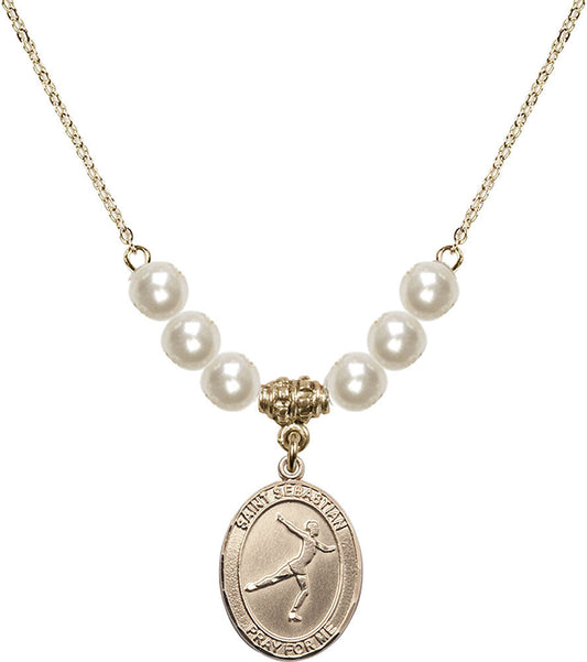 14kt Gold Filled Saint Sebastian/Figure Skating Birthstone Necklace with Faux-Pearl Beads - 8177