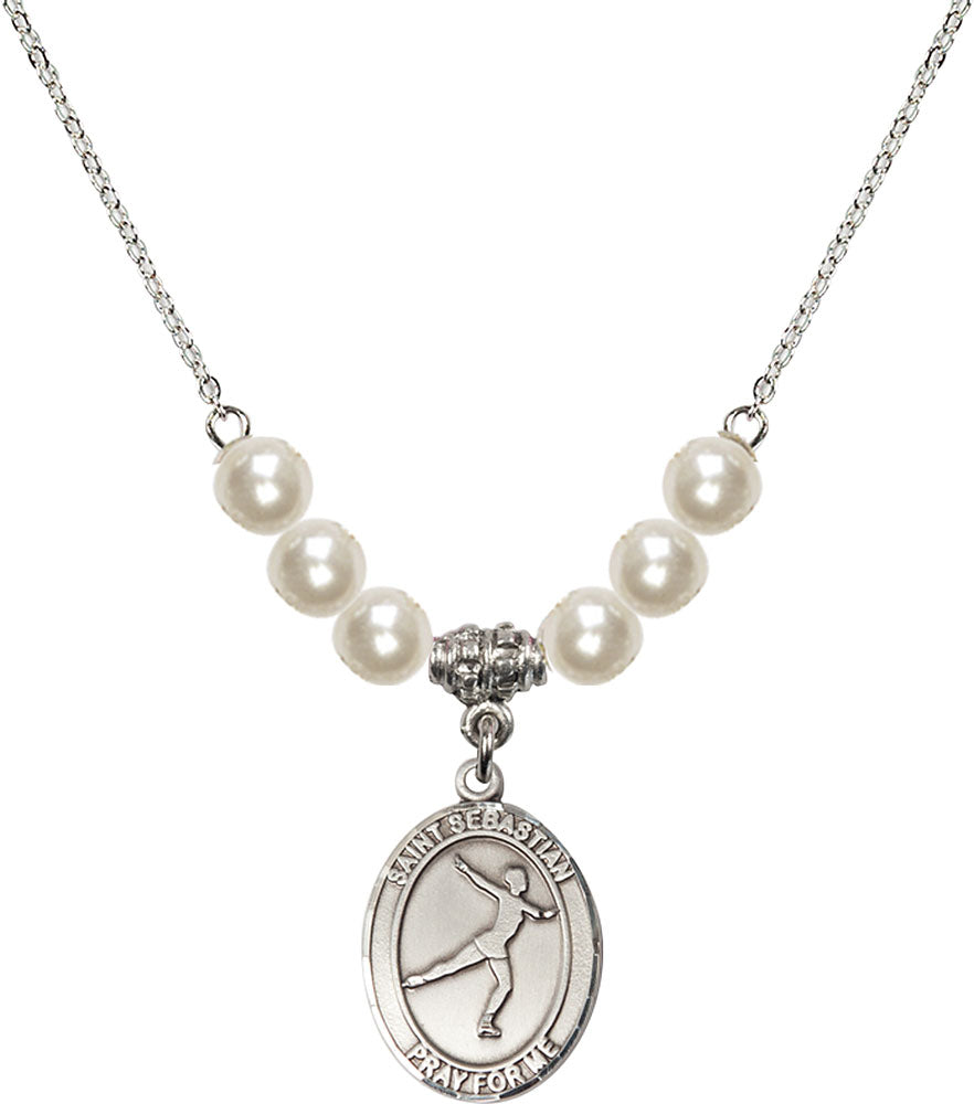 Sterling Silver Saint Sebastian/Figure Skating Birthstone Necklace with Faux-Pearl Beads - 8177