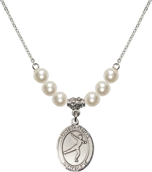 Sterling Silver Saint Sebastian/Figure Skating Birthstone Necklace with Faux-Pearl Beads - 8177
