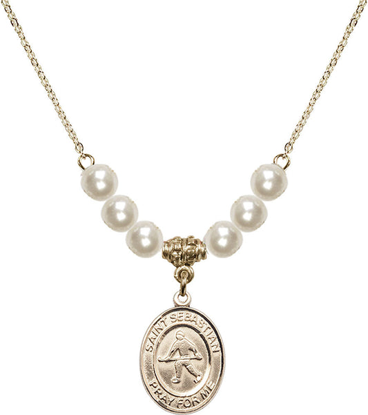 14kt Gold Filled Saint Sebastian/Field Hockey Birthstone Necklace with Faux-Pearl Beads - 8178