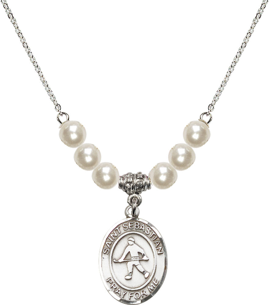 Sterling Silver Saint Sebastian/Field Hockey Birthstone Necklace with Faux-Pearl Beads - 8178