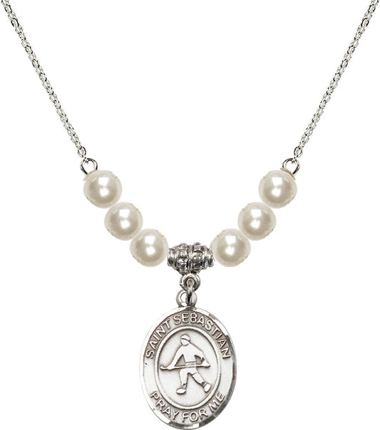 Sterling Silver Saint Sebastian/Field Hockey Birthstone Necklace with Faux-Pearl Beads - 8178