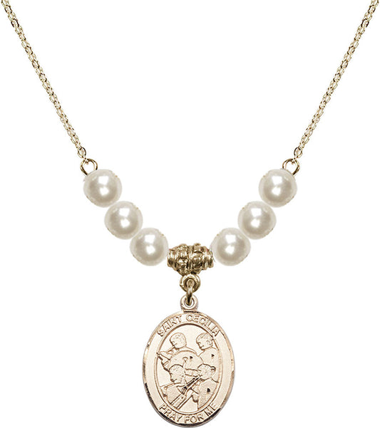 14kt Gold Filled Saint Cecilia / Marching Band Birthstone Necklace with Faux-Pearl Beads - 8179