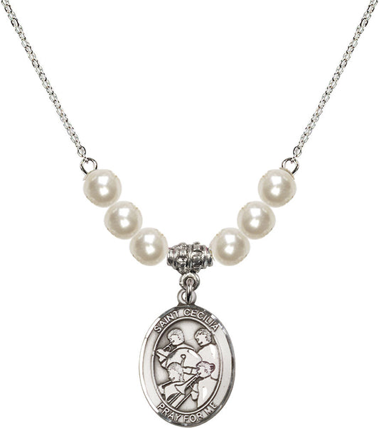 Sterling Silver Saint Cecilia / Marching Band Birthstone Necklace with Faux-Pearl Beads - 8179