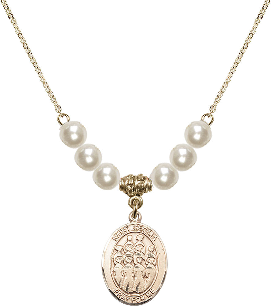 14kt Gold Filled Saint Cecilia / Choir Birthstone Necklace with Faux-Pearl Beads - 8180