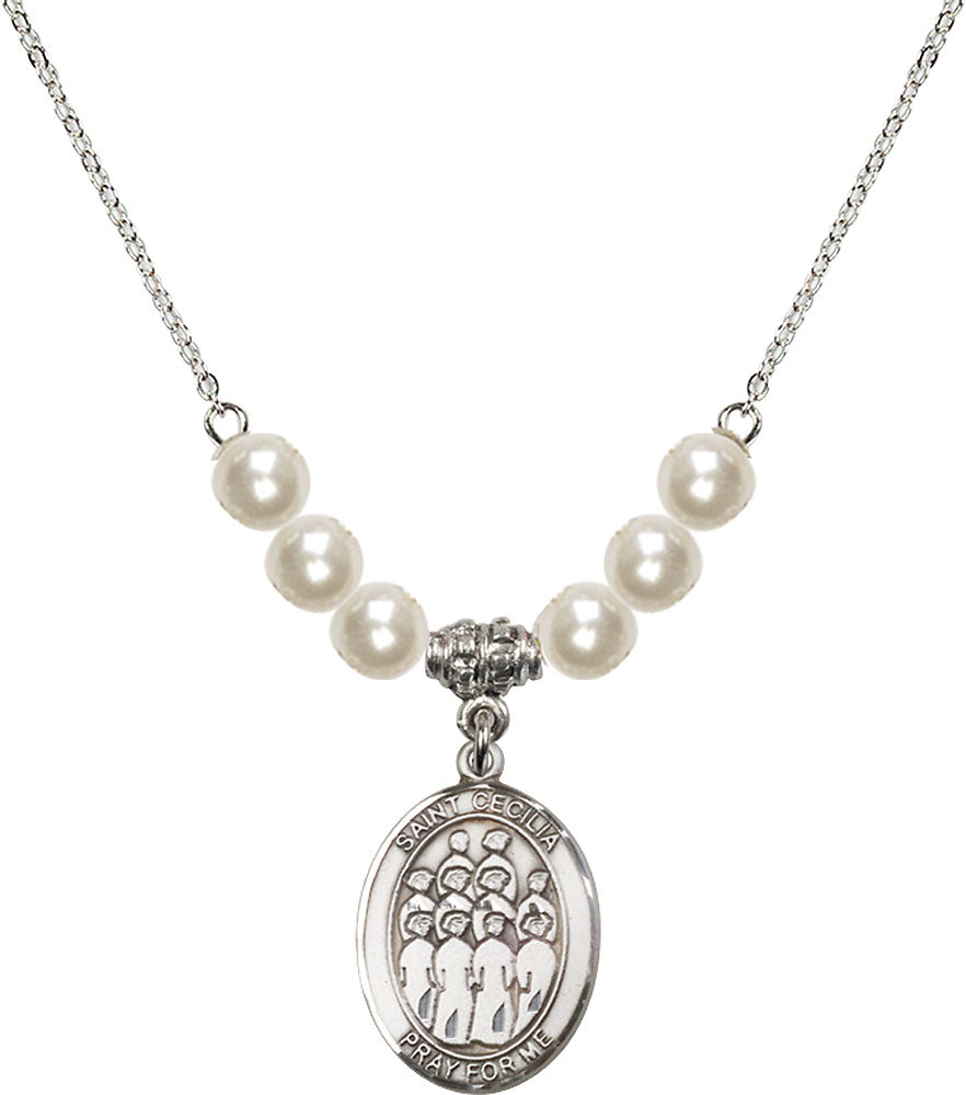 Sterling Silver Saint Cecilia / Choir Birthstone Necklace with Faux-Pearl Beads - 8180