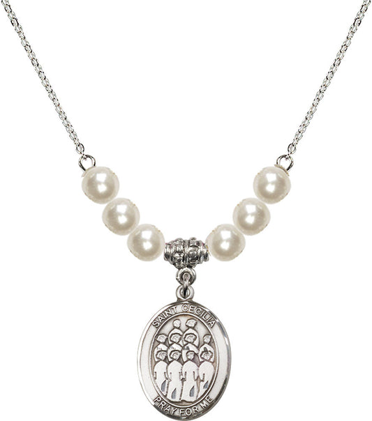 Sterling Silver Saint Cecilia / Choir Birthstone Necklace with Faux-Pearl Beads - 8180
