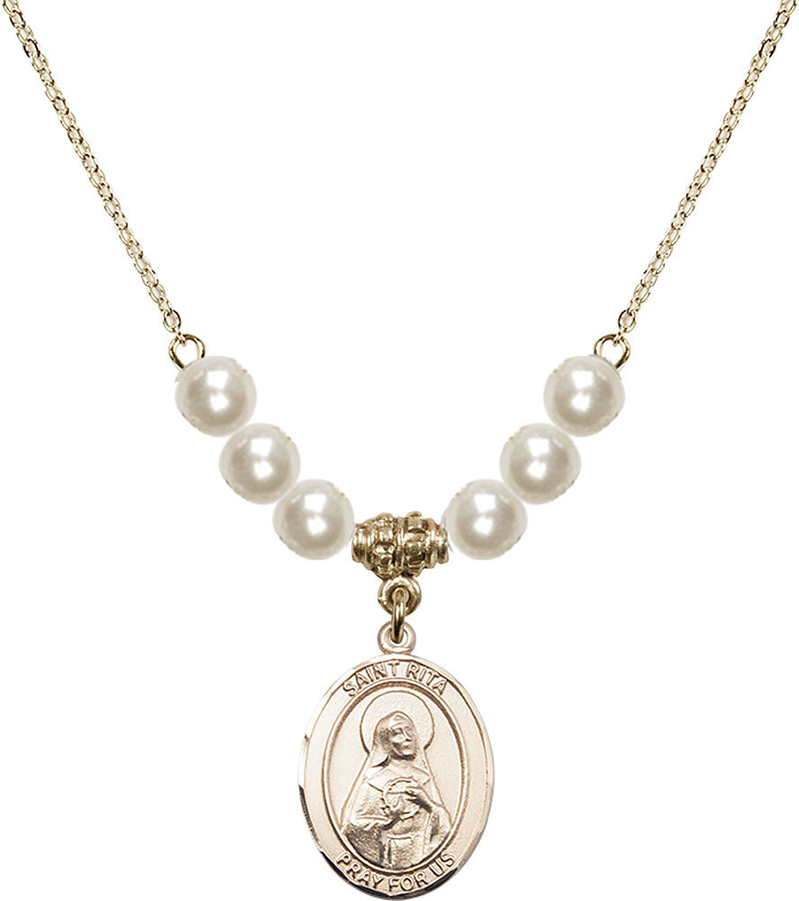 14kt Gold Filled Saint Rita / Baseball Birthstone Necklace with Faux-Pearl Beads - 8181
