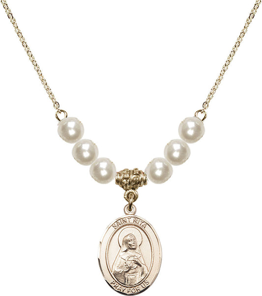 14kt Gold Filled Saint Rita / Baseball Birthstone Necklace with Faux-Pearl Beads - 8181