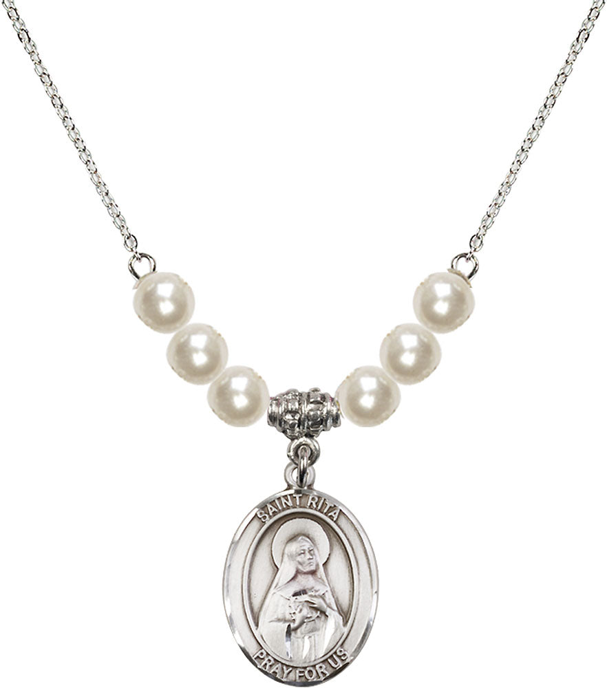 Sterling Silver Saint Rita / Baseball Birthstone Necklace with Faux-Pearl Beads - 8181