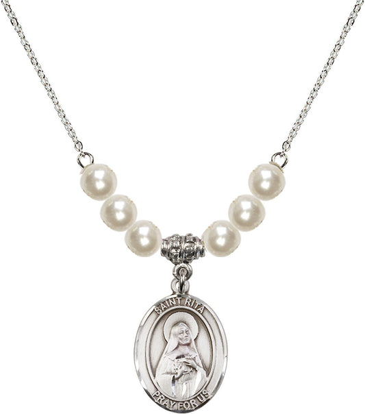 Sterling Silver Saint Rita / Baseball Birthstone Necklace with Faux-Pearl Beads - 8181