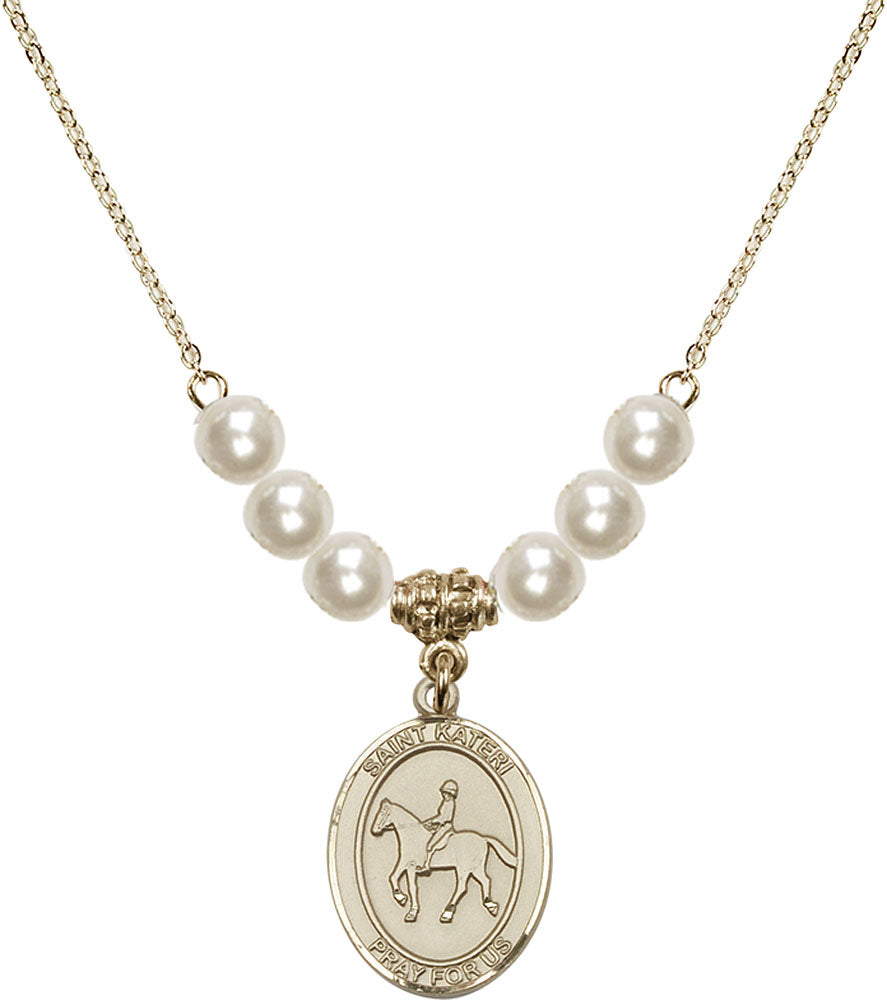 14kt Gold Filled Saint Kateri/Equestrian Birthstone Necklace with Faux-Pearl Beads - 8182