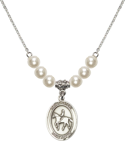 Sterling Silver Saint Kateri/Equestrian Birthstone Necklace with Faux-Pearl Beads - 8182