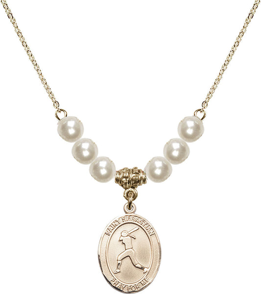 14kt Gold Filled Saint Sebastian / Softball Birthstone Necklace with Faux-Pearl Beads - 8183
