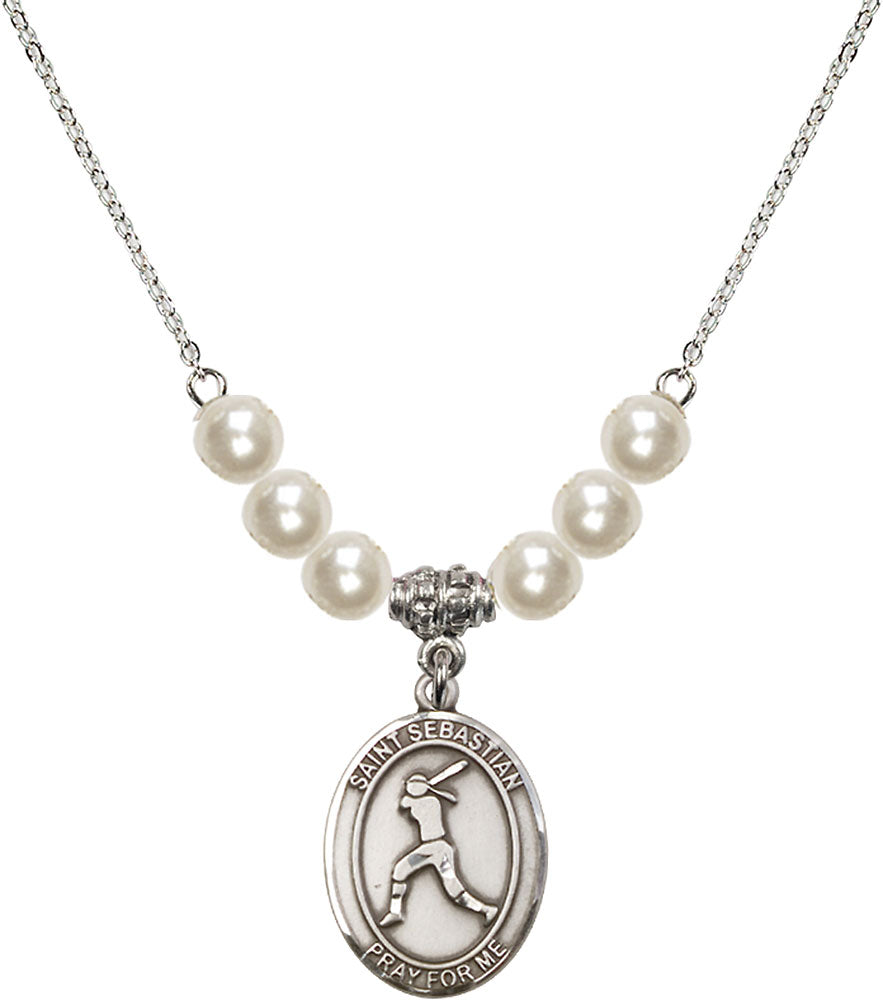 Sterling Silver Saint Sebastian / Softball Birthstone Necklace with Faux-Pearl Beads - 8183