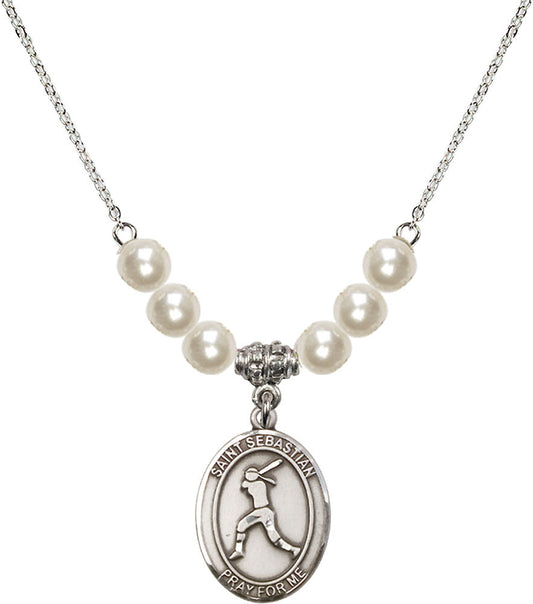 Sterling Silver Saint Sebastian / Softball Birthstone Necklace with Faux-Pearl Beads - 8183
