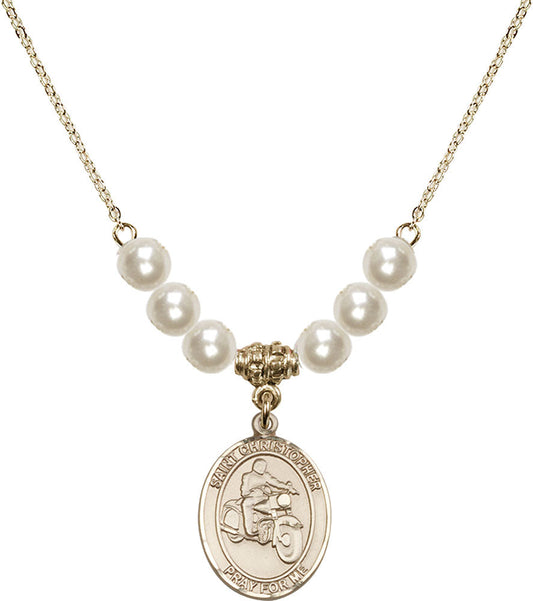 14kt Gold Filled Saint Christopher/Motorcycle Birthstone Necklace with Faux-Pearl Beads - 8185