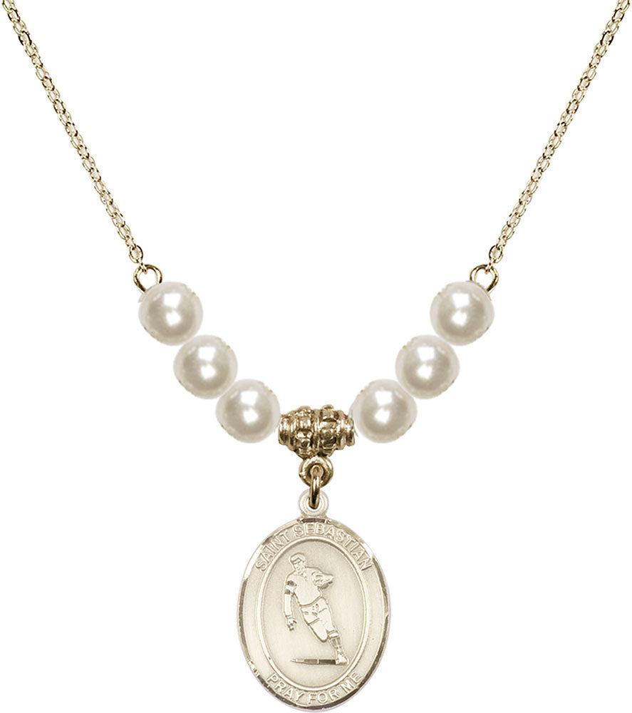 14kt Gold Filled Saint Sebastian / Rugby Birthstone Necklace with Faux-Pearl Beads - 8187
