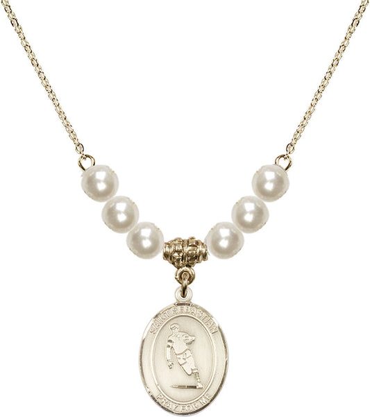 14kt Gold Filled Saint Sebastian / Rugby Birthstone Necklace with Faux-Pearl Beads - 8187