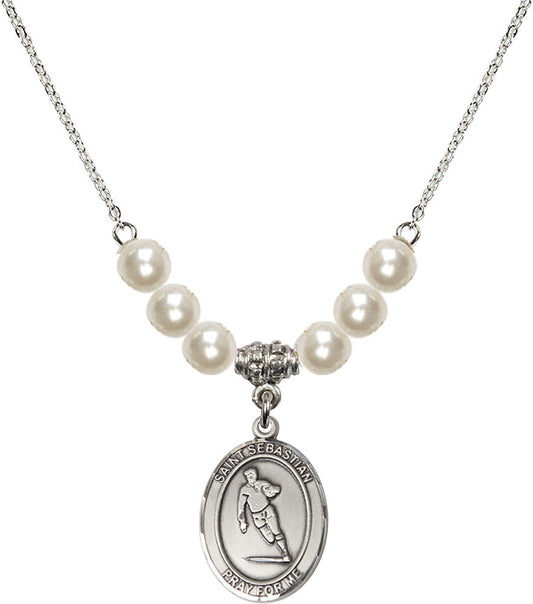 Sterling Silver Saint Sebastian / Rugby Birthstone Necklace with Faux-Pearl Beads - 8187