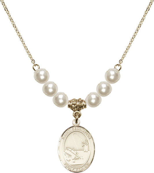 14kt Gold Filled Saint Sebastian / Fishing Birthstone Necklace with Faux-Pearl Beads - 8188
