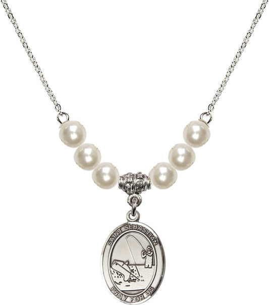 Sterling Silver Saint Sebastian / Fishing Birthstone Necklace with Faux-Pearl Beads - 8188