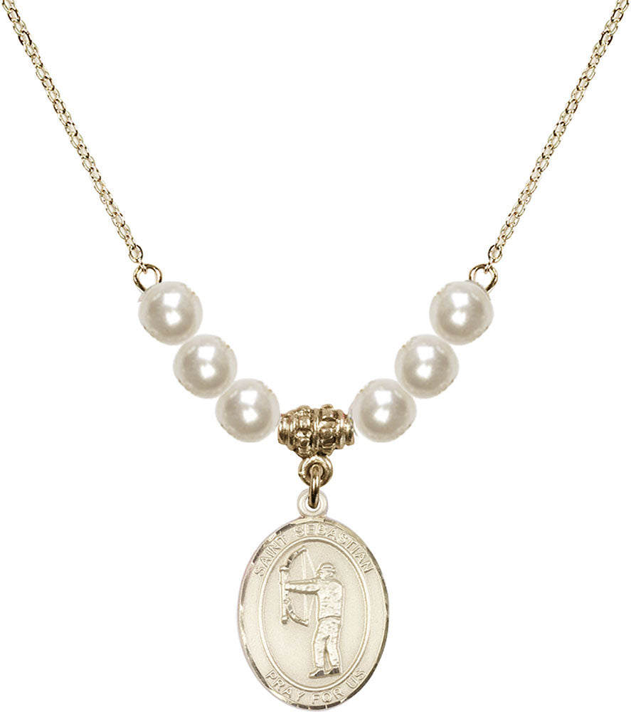 14kt Gold Filled Saint Sebastian / Archery Birthstone Necklace with Faux-Pearl Beads - 8189