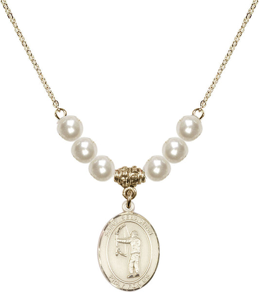 14kt Gold Filled Saint Sebastian / Archery Birthstone Necklace with Faux-Pearl Beads - 8189