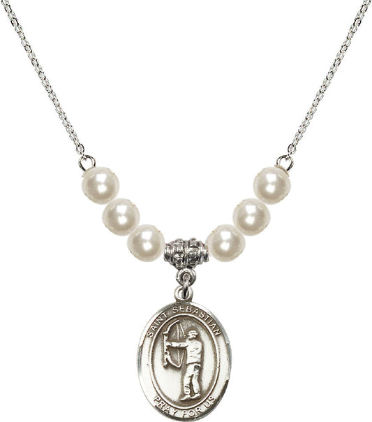 Sterling Silver Saint Sebastian / Archery Birthstone Necklace with Faux-Pearl Beads - 8189