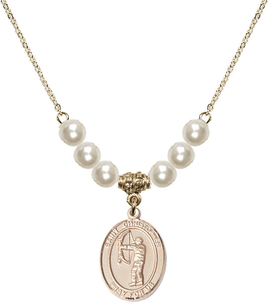 14kt Gold Filled Saint Christopher/Archery Birthstone Necklace with Faux-Pearl Beads - 8190