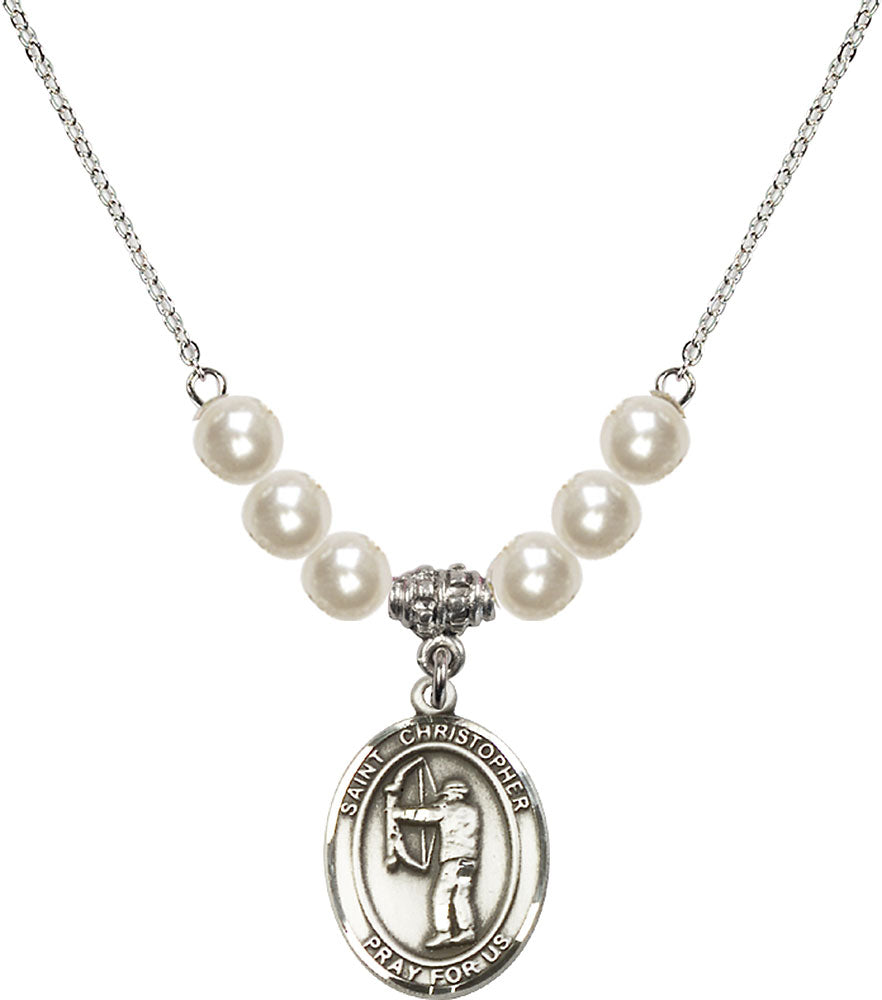 Sterling Silver Saint Christopher/Archery Birthstone Necklace with Faux-Pearl Beads - 8190