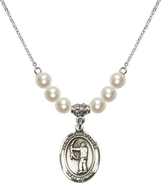 Sterling Silver Saint Christopher/Archery Birthstone Necklace with Faux-Pearl Beads - 8190