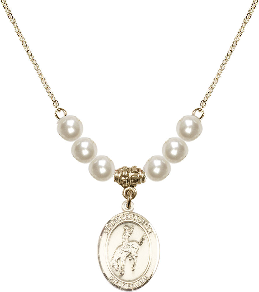 14kt Gold Filled Saint Sebastian / Rodeo Birthstone Necklace with Faux-Pearl Beads - 8191