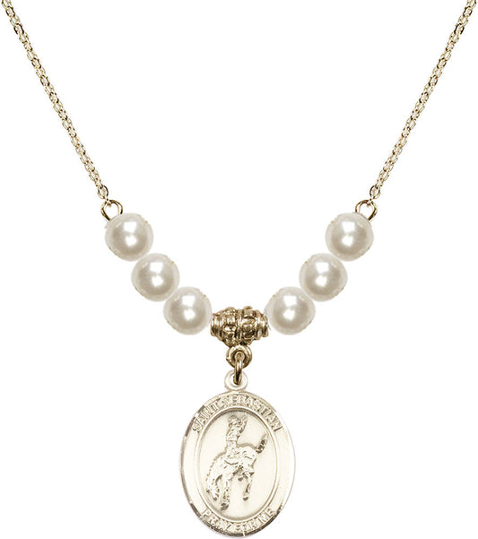 14kt Gold Filled Saint Sebastian / Rodeo Birthstone Necklace with Faux-Pearl Beads - 8191