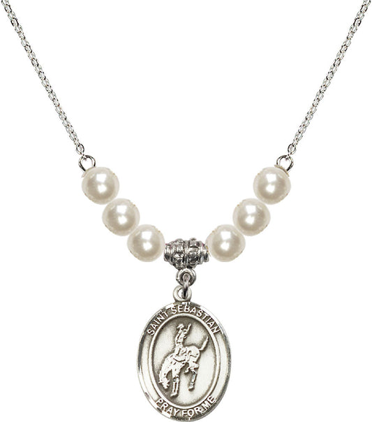 Sterling Silver Saint Sebastian / Rodeo Birthstone Necklace with Faux-Pearl Beads - 8191