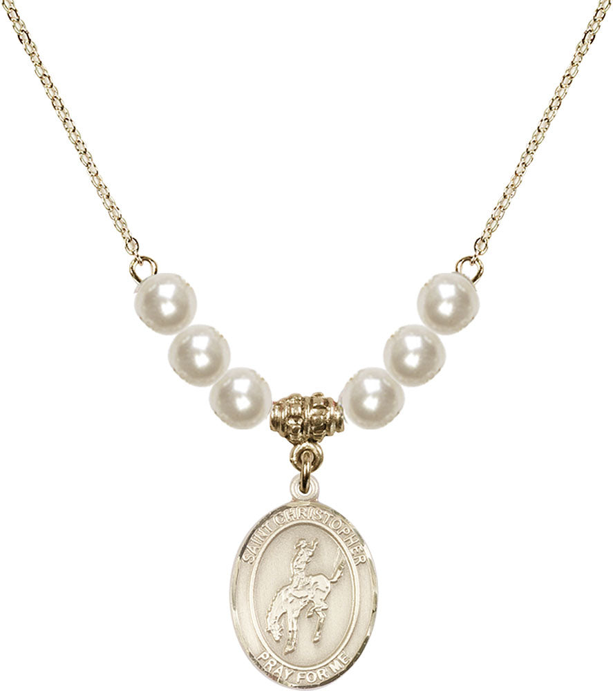 14kt Gold Filled Saint Christopher / Rodeo Birthstone Necklace with Faux-Pearl Beads - 8192