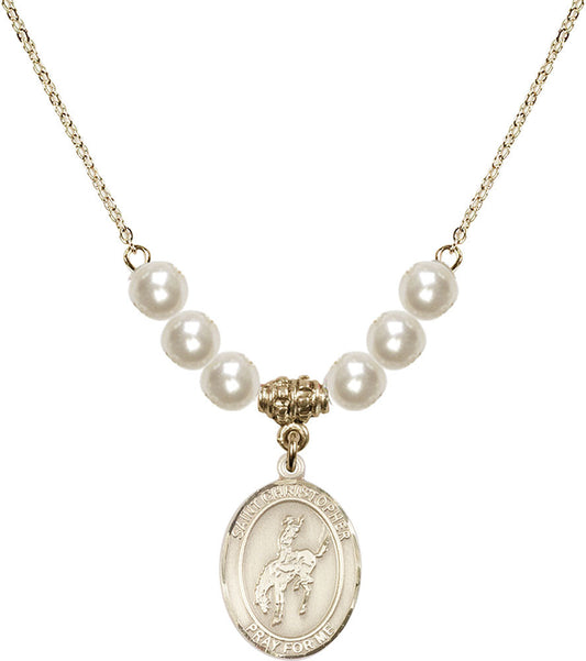 14kt Gold Filled Saint Christopher / Rodeo Birthstone Necklace with Faux-Pearl Beads - 8192